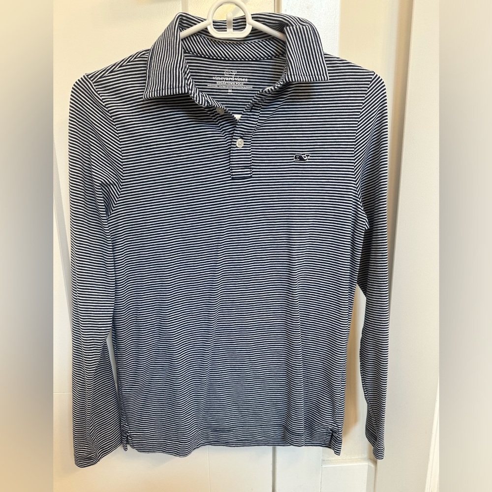 Boys Vineyard Vine medium long sleeve navy and white striped cotton shirt